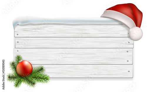 White wooden sign with Santa's cap Christmas-tree ball and fir branches. Vector detailed illustration isolated. Background for advertisement or greeting card.