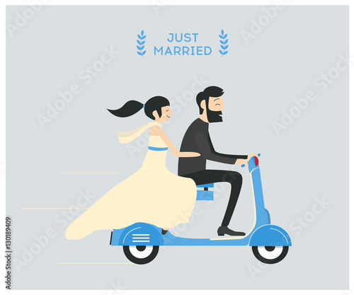 Just married wedding couple riding motorcycle