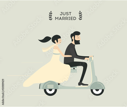 Just married wedding couple riding motorcycle