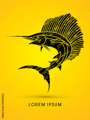 Sailfish Jumping, designed using grunge brush graphic vector.