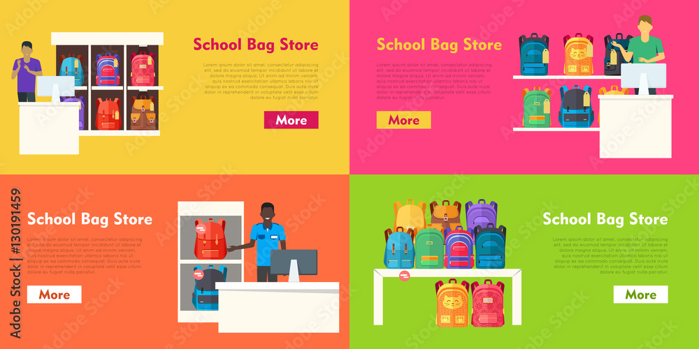 School Bag Store Vector Set. Seller at the Counter