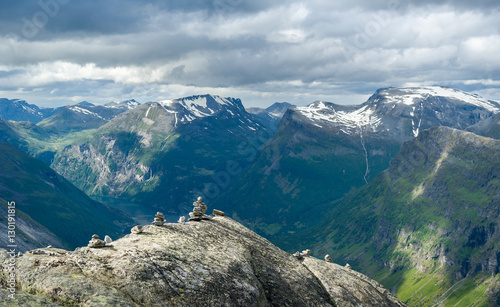 Panoramic view from Dalsnibba mountain peak to Geiranger fjord, Norway.