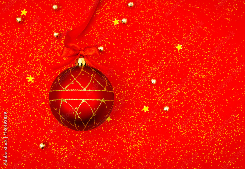 Red christmas background with decoration . - obrazy, fototapety, plakaty 