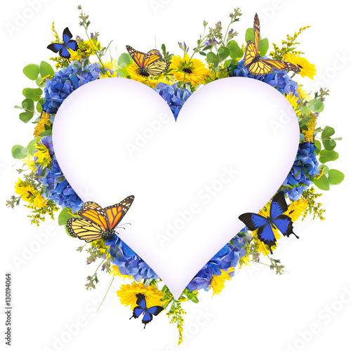 Fototapeta Naklejka Na Ścianę i Meble -  Amazing background with hydrangeas and daisies. Yellow and blue flowers on a white blank. Floral card nature. bokeh butterflies.