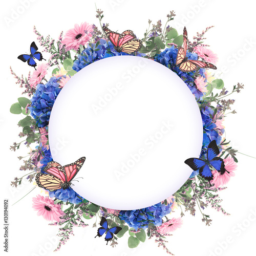Fototapeta Naklejka Na Ścianę i Meble -  Amazing background with hydrangeas and daisies. Yellow and blue flowers on a white blank. Floral card nature. bokeh butterflies.