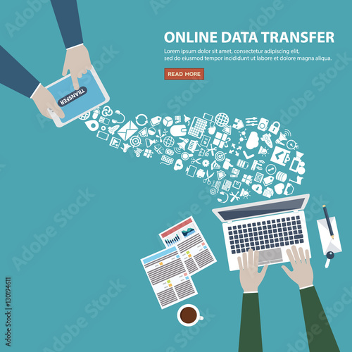 Online data transfer concept, Flat banner of hands holding laptop and tablet with icons