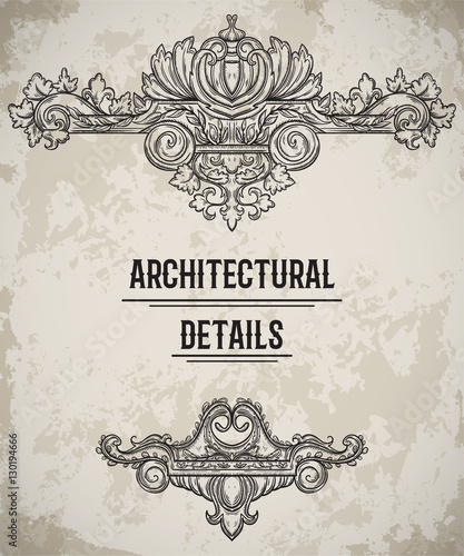 Baroque classic style border. Antique cartouche. Vintage architectural details design elements on grunge background. Hand drawn vector illustration