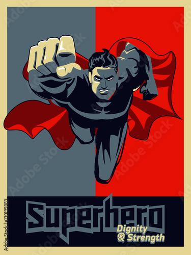 Flying superhero on camera. Blue and red graphic.