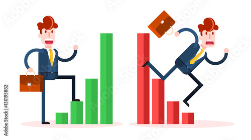Set of Businessman Climbing and Falling Down Business Graph on White Background. Isolated Flat Vector Illustration.