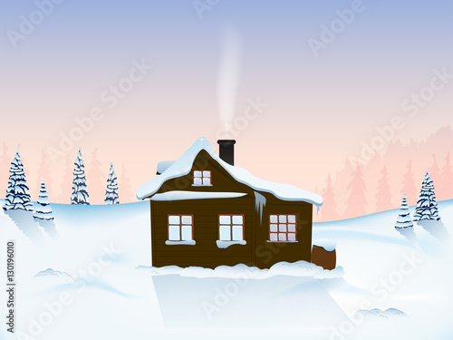 hut in the mountains at dawn