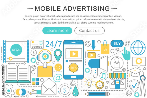Vector modern line flat Mobile advertising marketing sales concept. Mobile advertising marketing technology icons Website Header, app design poster banner.
