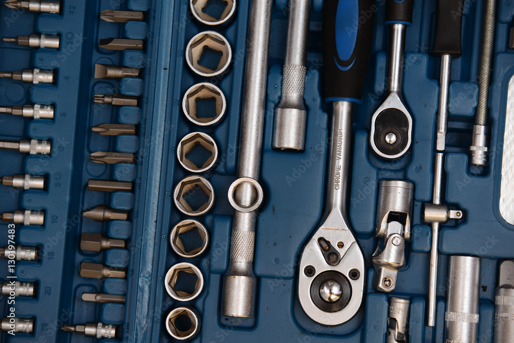 Fototapeta premium set of socket wrench in plastic box closeup