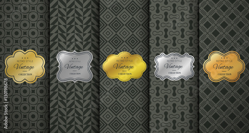 Golden vintage frame on black pattern background