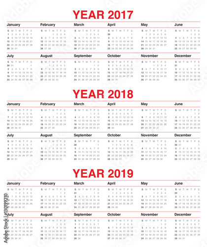 Simple Calendar template for 2017 to 2019