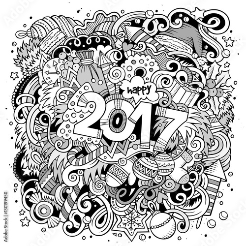 Cartoon cute doodles hand drawn New Year illustration