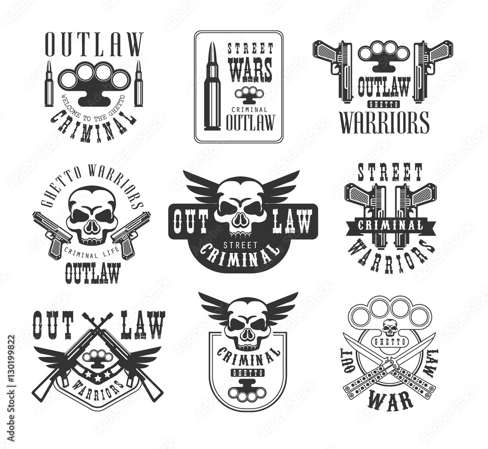 Criminal Outlaw Street Club Black And White Sign Design Templates With Text And Weapon Silhouettes