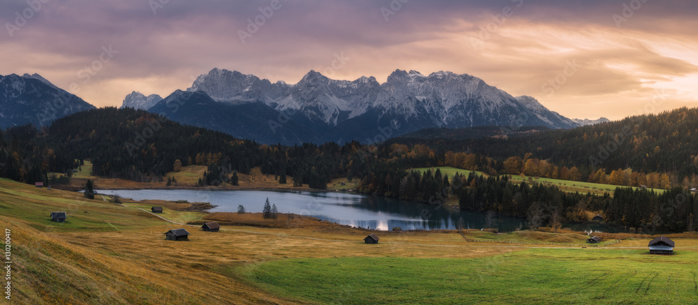 Germany. Bavaria. Overcast morning on lake Geroldsee, views of mount Karwendel