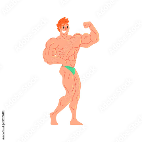Man In Green Briefs Bodybuilder Funny Smiling Character On Steroids Demonstrating Biceps Muscles As Strongman Routine