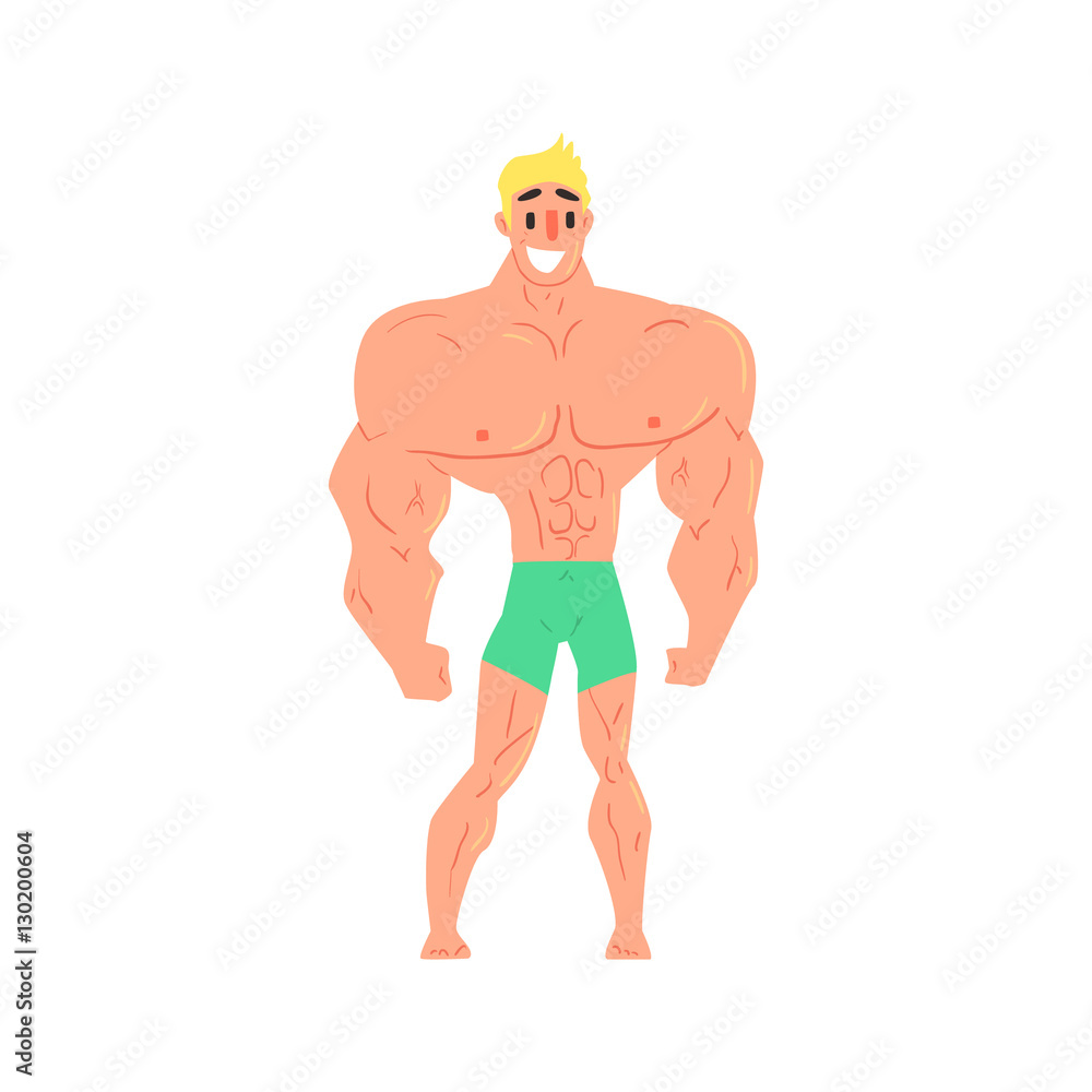 Fototapeta premium Man In Blue Trunks Bodybuilder Funny Smiling Character On Steroids Demonstrating Muscles As Strongman Routine