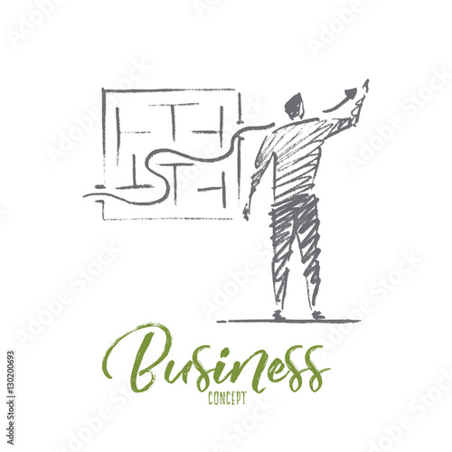 Vector hand drawn business concept sketch. Bisinessman standing backwards and drawing indicator of sustainable development through business maze. Lettering Business concept