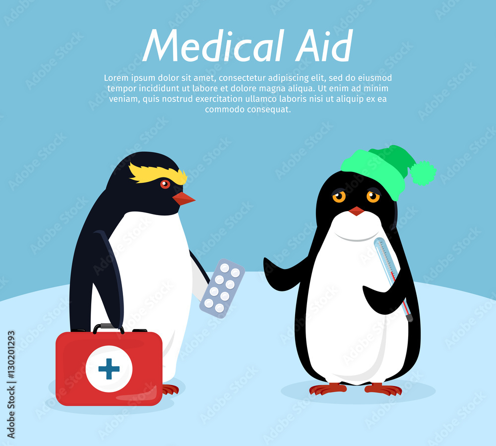 Naklejka premium Penguin Gives Quick Medical Aid to his Friend