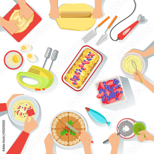 People Cooking Sweet Pastry Together View From Above, Food Preparation Class Process