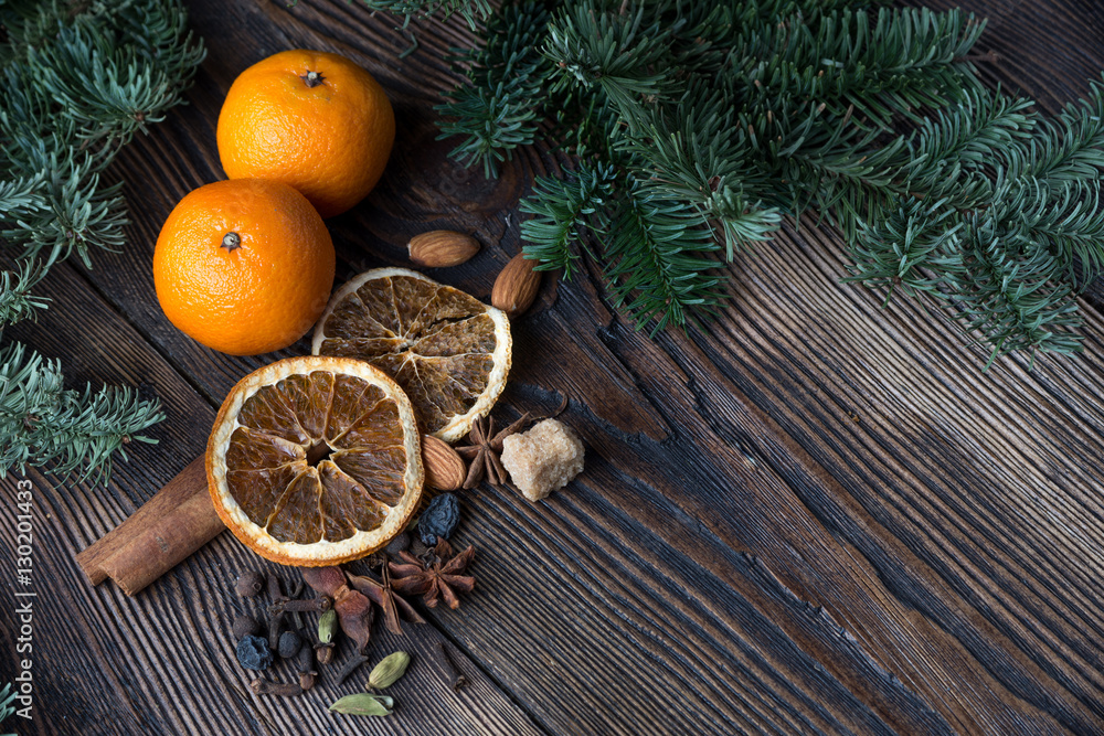 Tangerines and decorations for the holiday table Tangerines and decorations for the holiday table