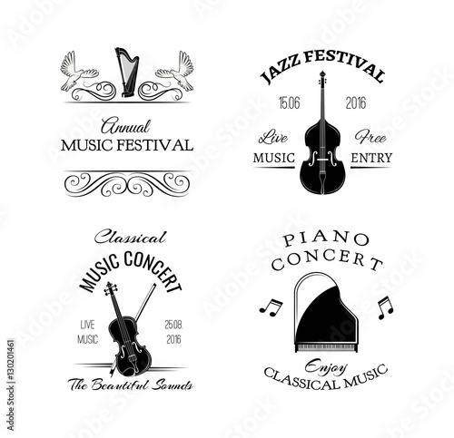 Music vintage retro label. Violin, harp, piano. Festival and concert badges. Vector Illustration Isolated On White