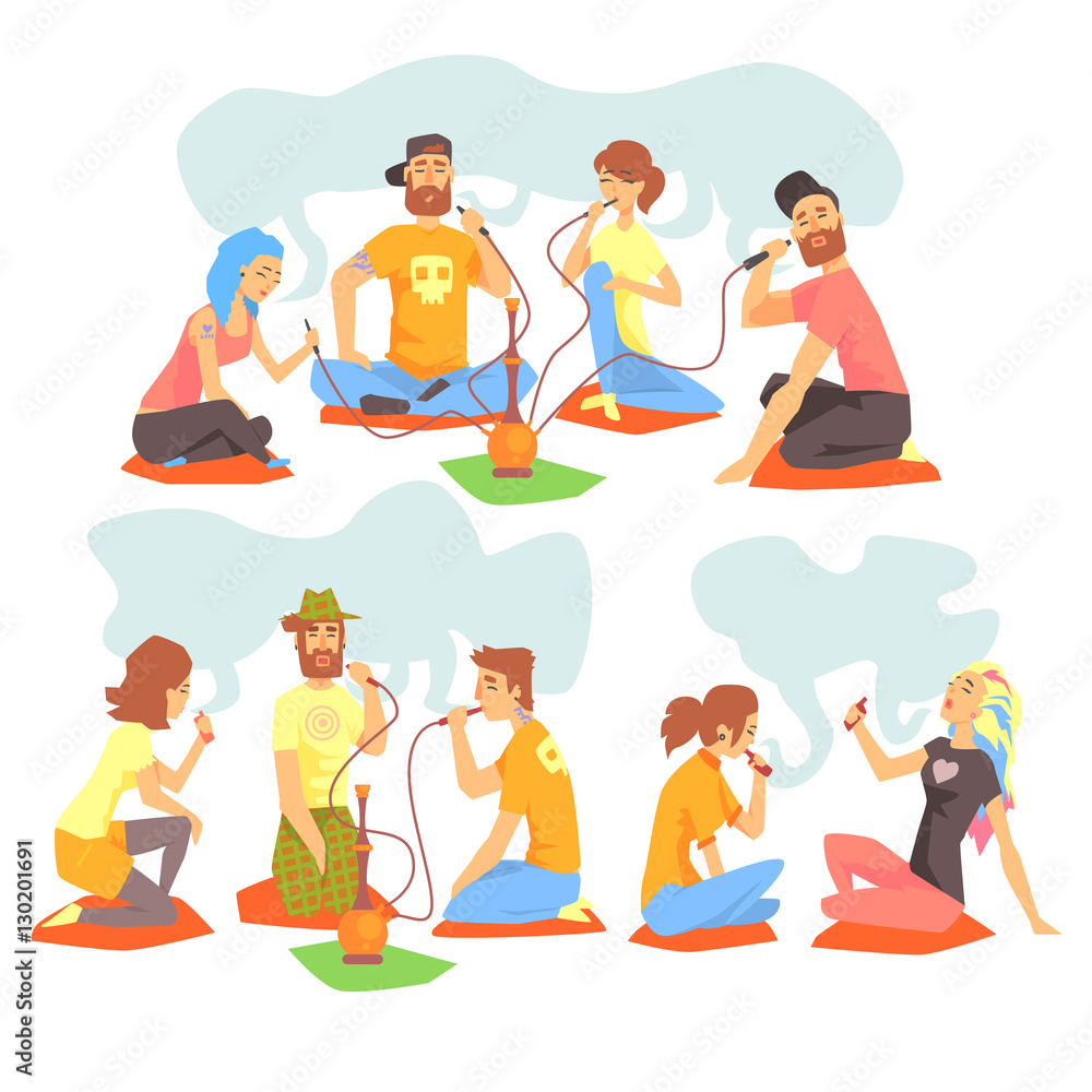 Young Cool People Smoking Hookah And Electronic Cigarettes Sitting On The Floor Set Of Illustration With Smokers And Vapers Young Cool People Smoking Hookah And Electronic Cigarettes Sitting On The Floor Set Of Illustration With Smokers And Vapers