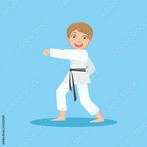 Boy Doing Fist Kick In White Kimono On Karate Martial Art Sports Training Cute Smiling Cartoon Character