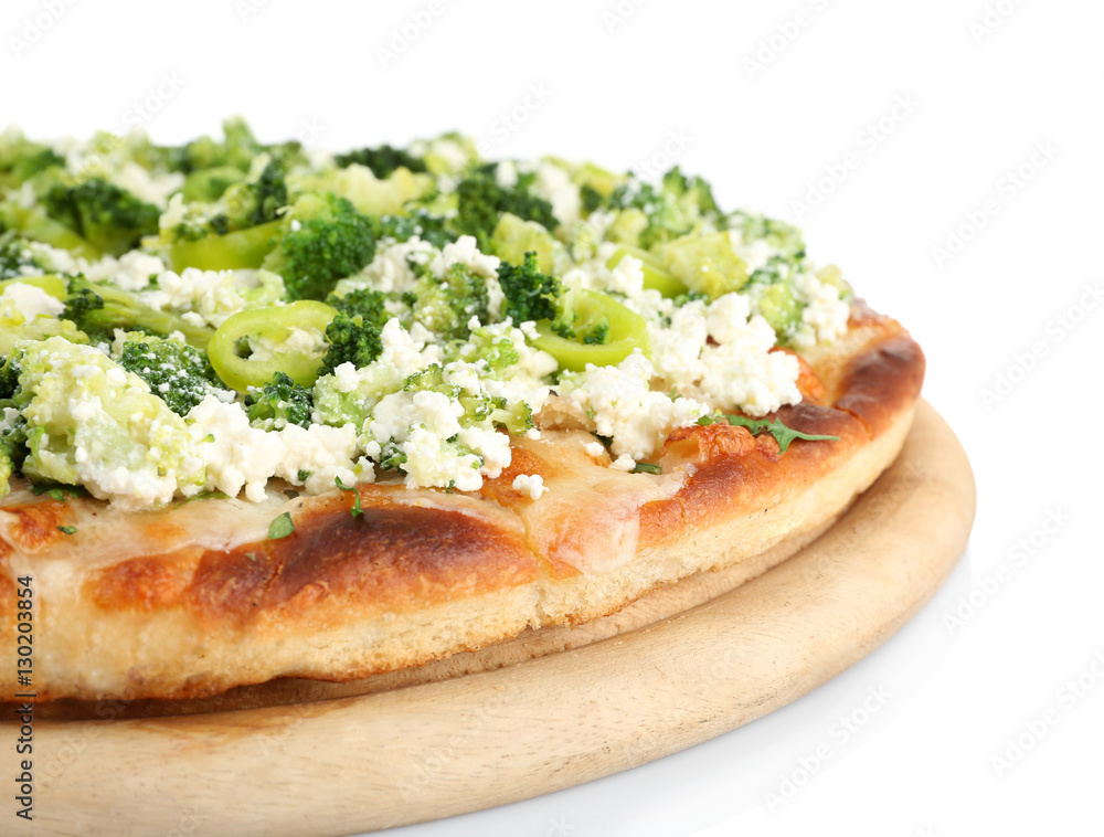 Vegetarian Italian pizza with cheese and vegetables on white background Vegetarian Italian pizza with cheese and vegetables on white background