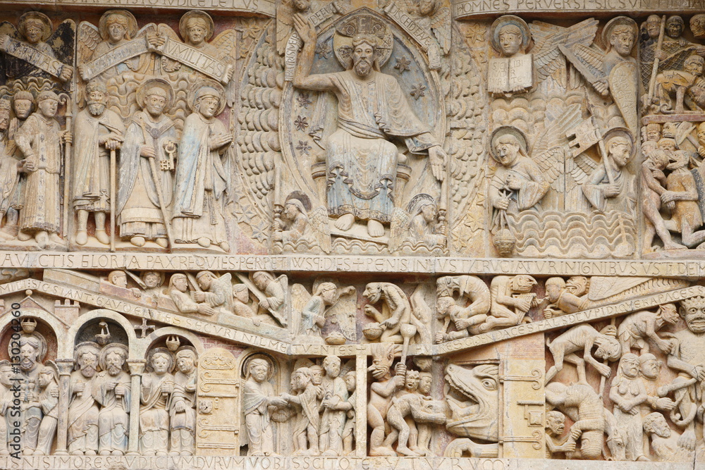 Tympanum showing Christ in Glory and the Last Judgment, Sainte Foy Abbey church, Conques, Aveyron, Massif Central, France Tympanum showing Christ in Glory and the Last Judgment, Sainte Foy Abbey church, Conques, Aveyron, Massif Central, France