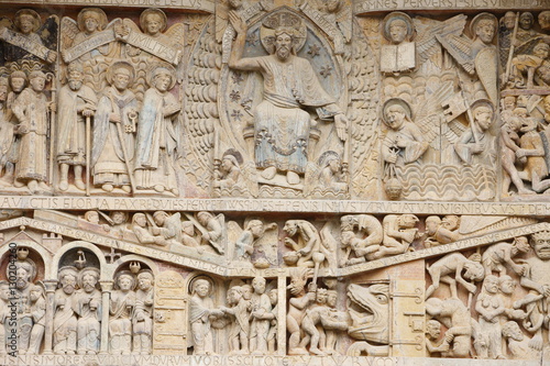 Tympanum showing Christ in Glory and the Last Judgment, Sainte Foy Abbey church, Conques, Aveyron, Massif Central, France