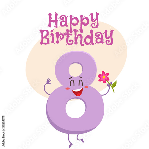Happy birthday vector greeting card, poster, banner design with cute and funny eight number characters. eight smiling characters, happy birthday greeting card template