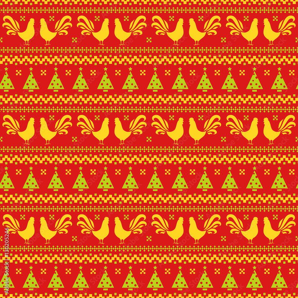 New Year seamless pattern with roosters and Christmas trees. New Year seamless pattern with roosters and Christmas trees.