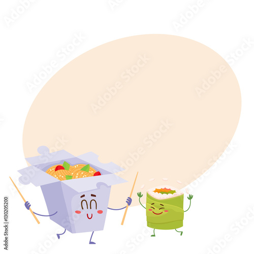 Smiling Japanese noodle in paper box and avocado roll characters, cartoon vector illustration on background with place for text. Cute and funny smiling noodle box and avocado roll, suchi character