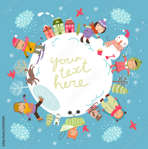 Set of vector illustrations. Children in the winter. Walking, playing, skating, skiing, snowman. Cute characters. Babes on a walk