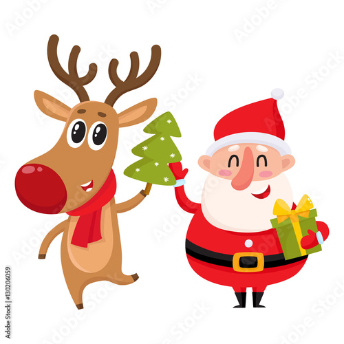 Jolly Santa and smiling reindeer stands with a Christmas tree and gift box, cartoon vector illustration isolated on white background. Santa Claus and deer, Christmas attributes, holiday elements © sabelskaya