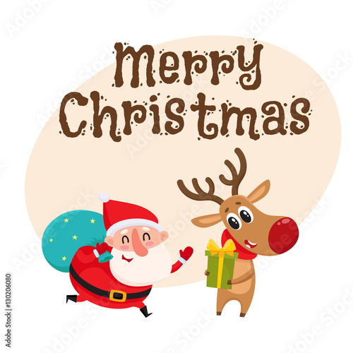 Merry Christmas greeting card template with funny Santa and funny reindeer holding Christmas gifts  cartoon vector illustration. Christmas poster  banner  postcard  greeting card design