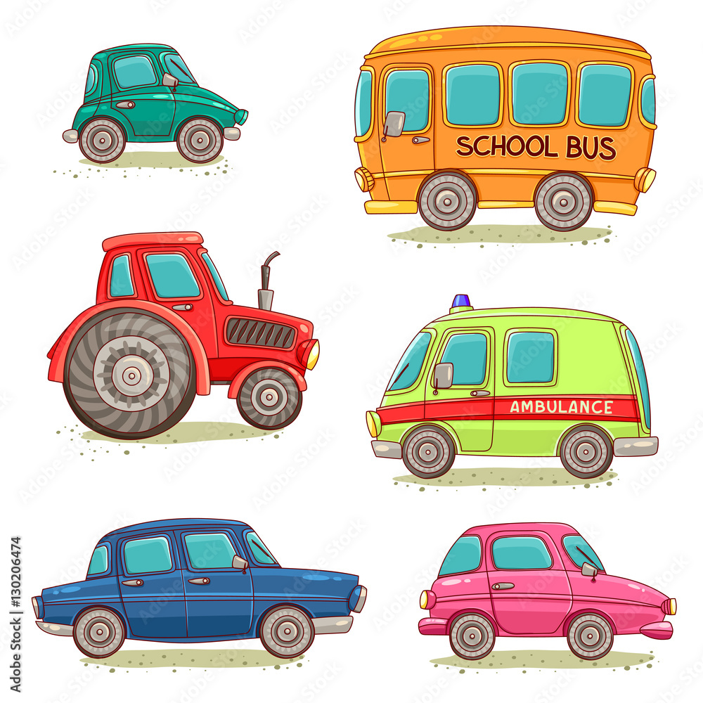 Set of isolated images with cars, ambulance, tractor and school bus