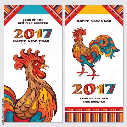 Chinese new year greeting cards with colorful roosters