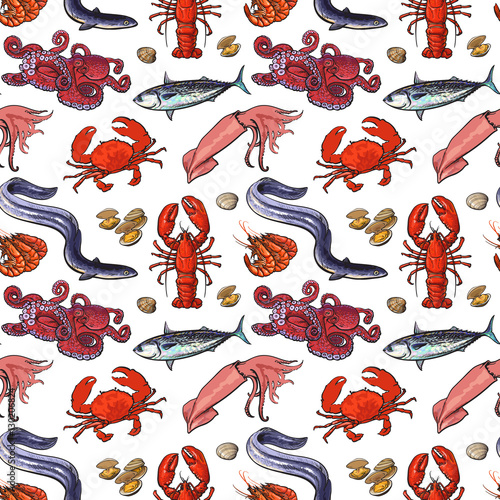 Seafood seamless pattern, sketch style vector illustration. Sketch style crab lobster herring mussels squid eel octopus shrimps in seamless pattern, backdrop, wallpaper, wrap, textile design