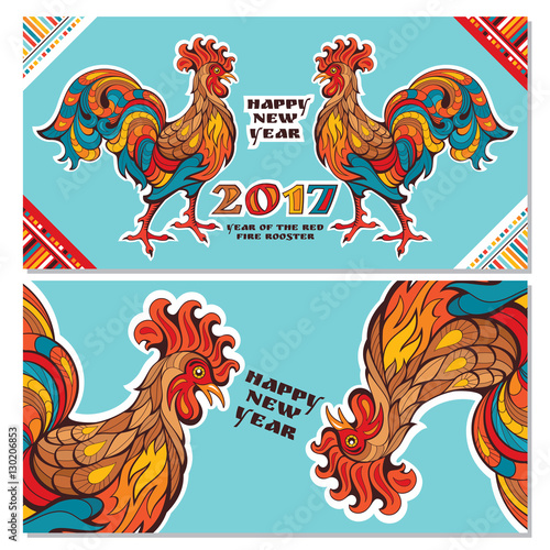 Chinese new year greeting cards with colorful roosters