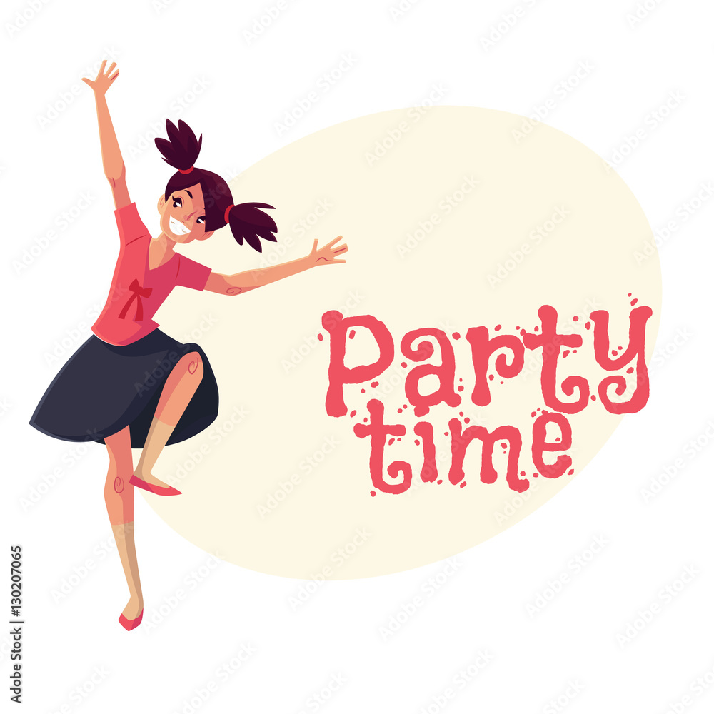 Full length portrait of teenaged black haired girl with ponytails dancing, cartoon style invitation, greeting card design. Party invitation, advertisement, Smiling girl with ponytails dancing Full length portrait of teenaged black haired girl with ponytails dancing, cartoon style invitation, greeting card design. Party invitation, advertisement, Smiling girl with ponytails dancing