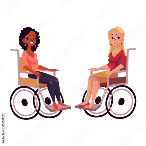 Young black and caucasian women in wheelchairs, cartoon vector illustration isolated on white background. African and whitew omen in wheelchairs, living with disability, equal opportunities concept