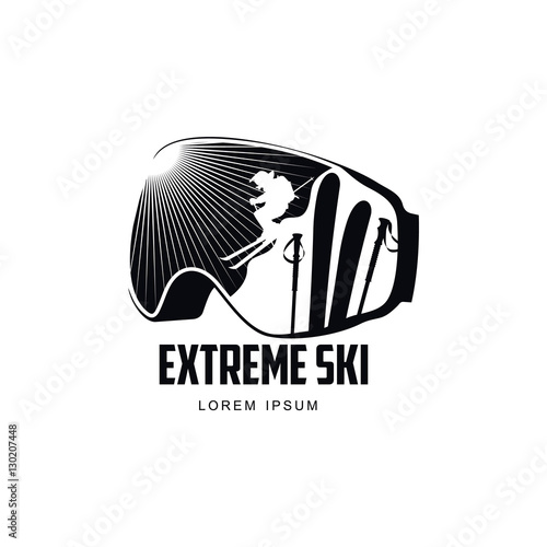 Black and white graphic mountain skiing goggles logo, vector illustration on white background. Mounting skiing logo design with skis and poles reflected in goggles, mask, glasses with sun rays