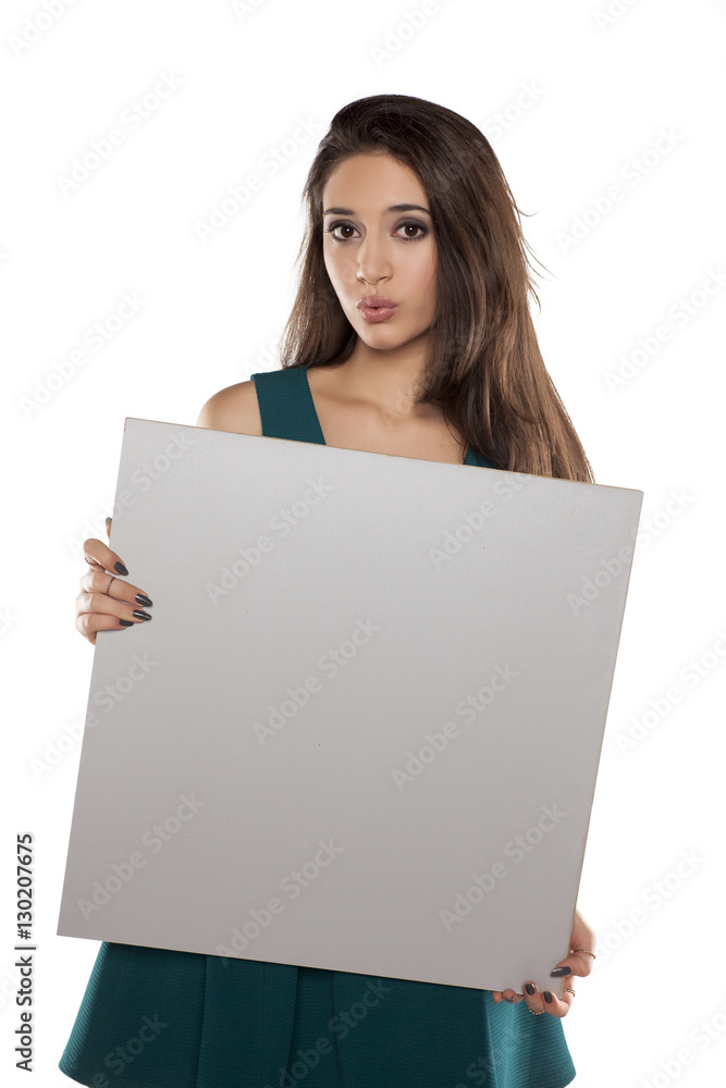 advertising young woman in a short turquoise dress holding empty banner advertising young woman in a short turquoise dress holding empty banner