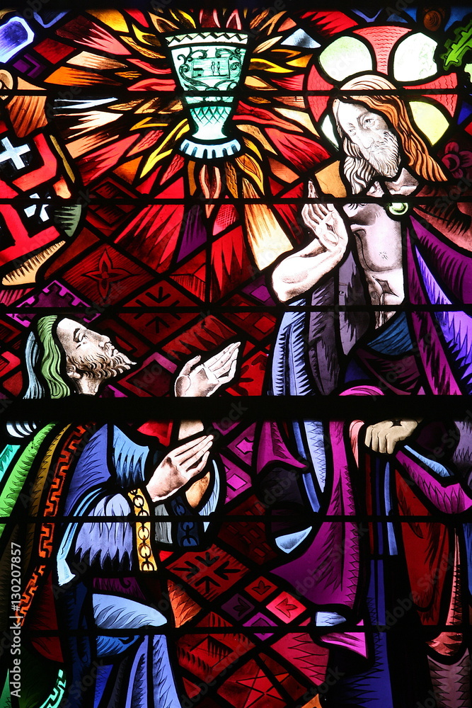 Stained glass window of the Holy Grail, Romance of St. Graal, Trehorenteuc, Morbihan, Brittany, France Stained glass window of the Holy Grail, Romance of St. Graal, Trehorenteuc, Morbihan, Brittany, France