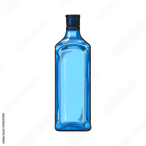 Traditional blue gin glass bottle, sketch style vector illustration isolated on white background. Realistic hand drawing of an unlabeled, unopened blue gin bottle