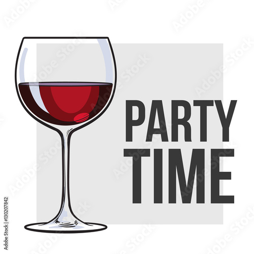 Red wine glass, sketch style vector illustration for poster, banner, invitation design. Realistic hand drawing of glass with red wine, party time, celebration concept